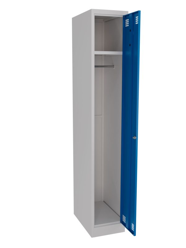 Single-door metal wardrobe locker with shelf and hanging rail AV4