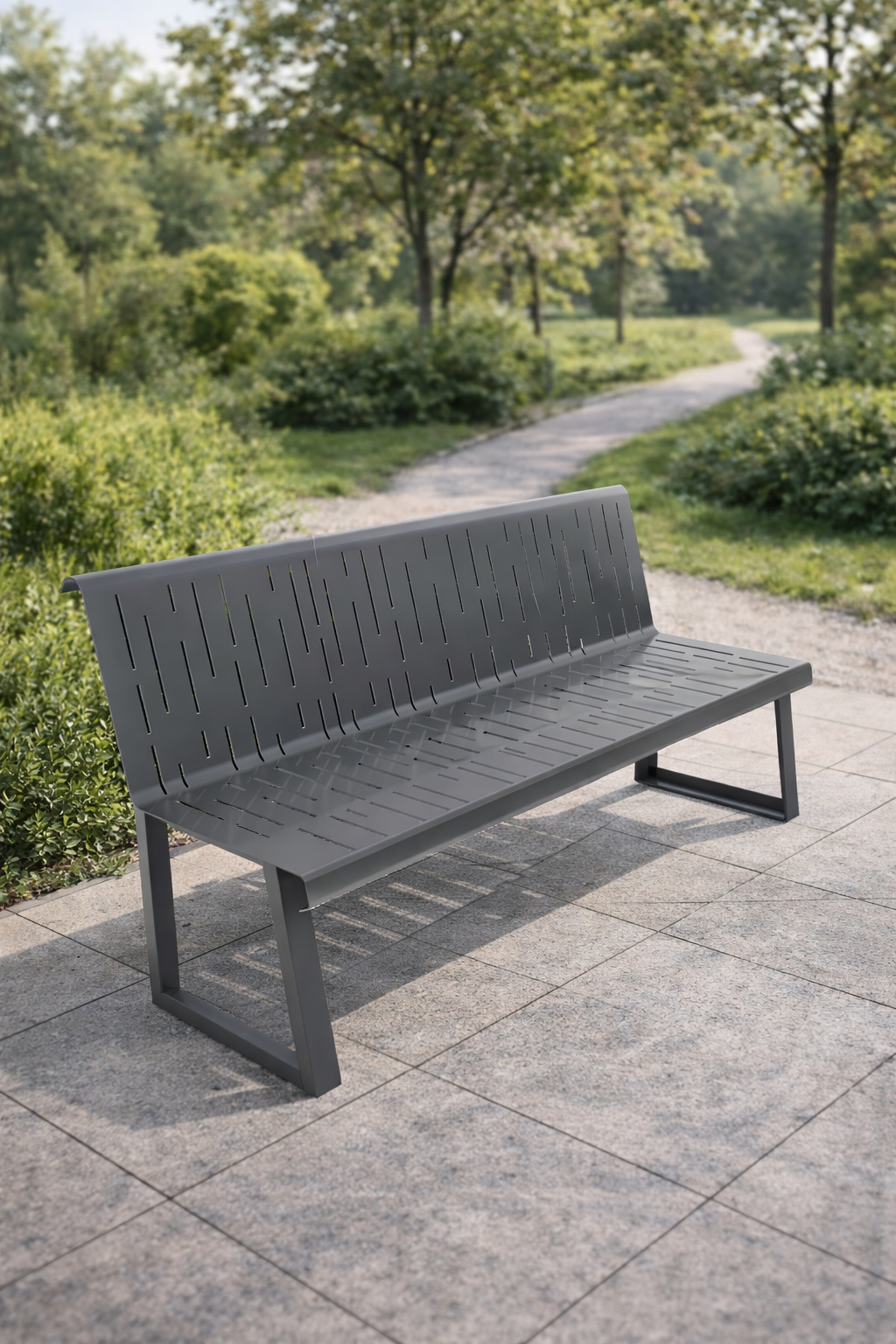 Metal Outdoor Bench with Perforated Backrest - Image 2