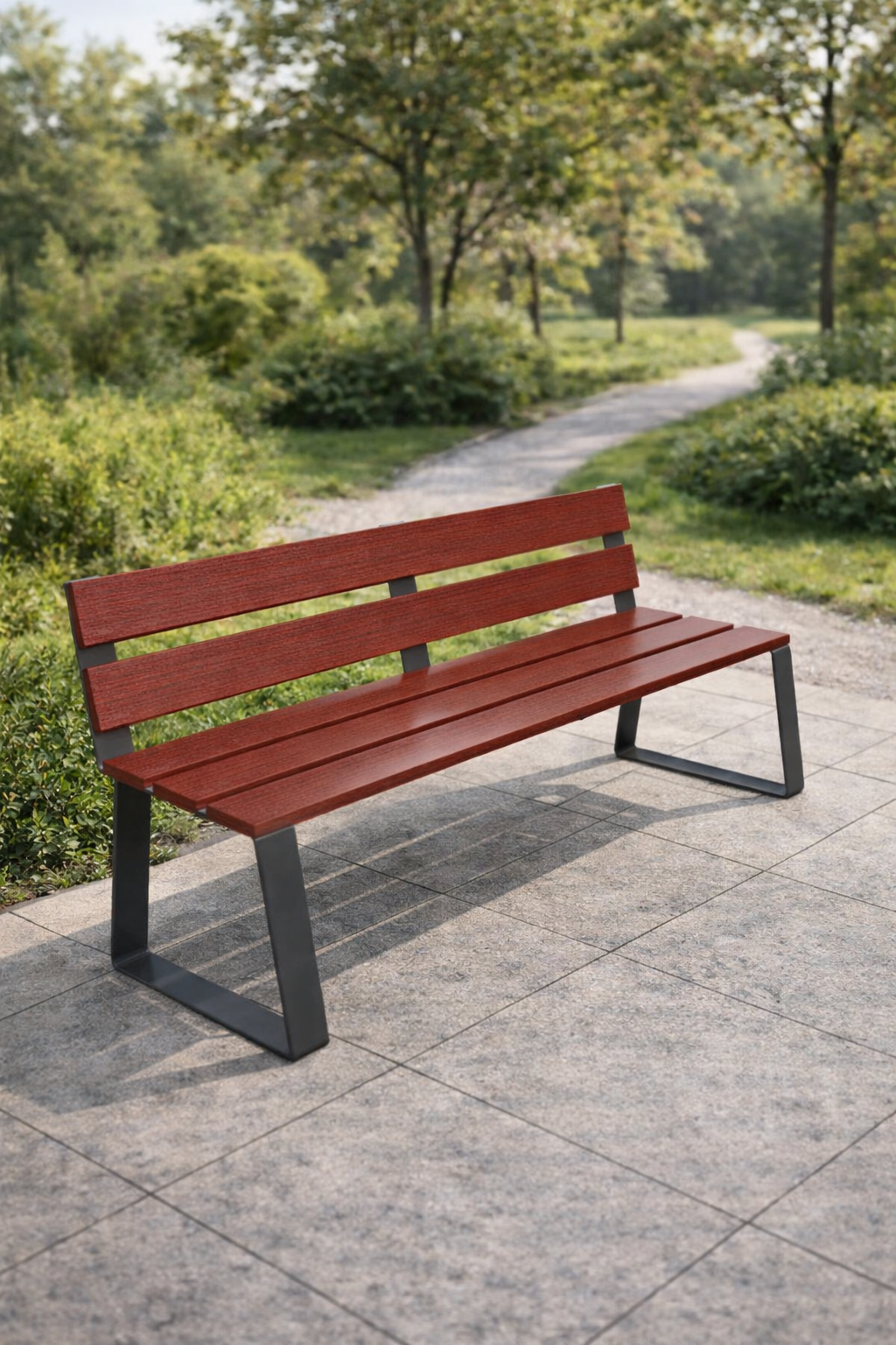 Metal Outdoor Bench with Red Wood Slats and Backrest - Image 2