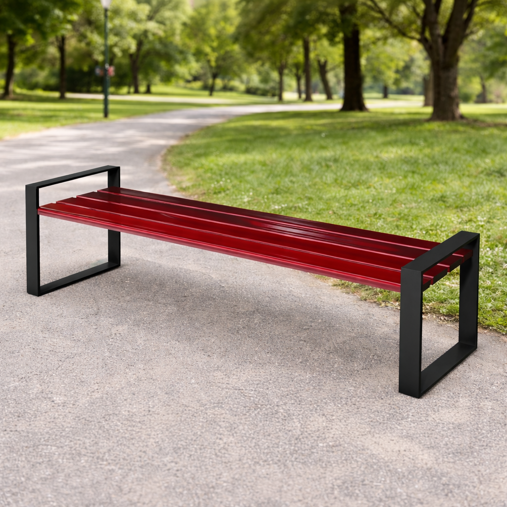 Outdoor metal bench with red wooden slats and steel frame by AV4
