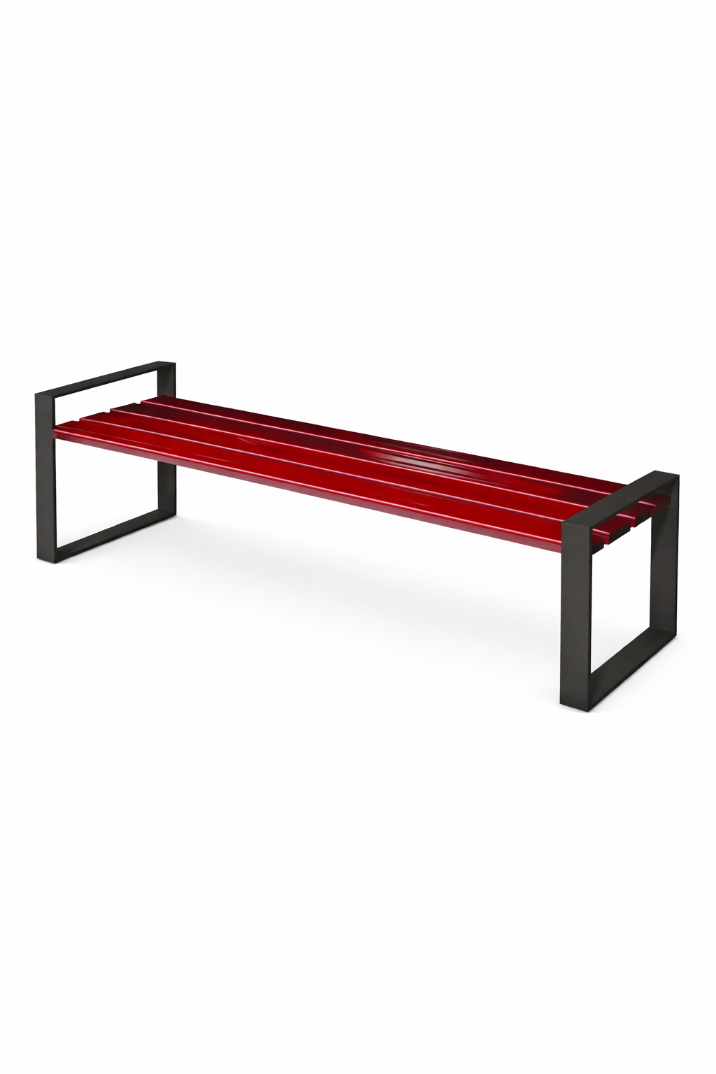Outdoor metal bench with red wooden slats and steel frame by AV4