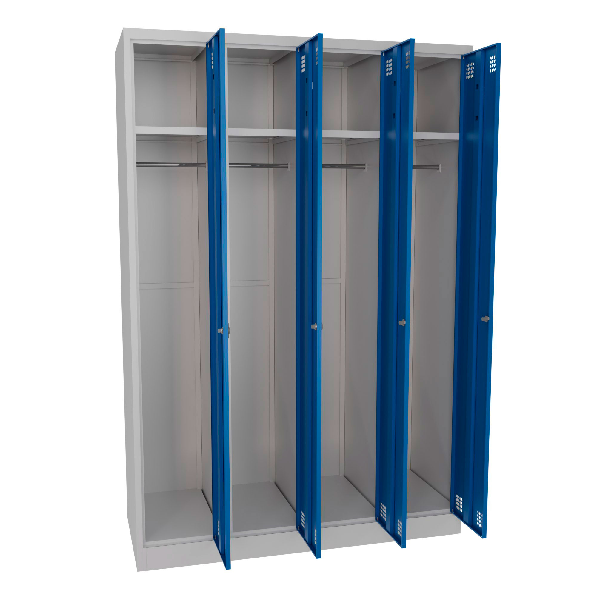Four door metal locker with shelves and hanging rails