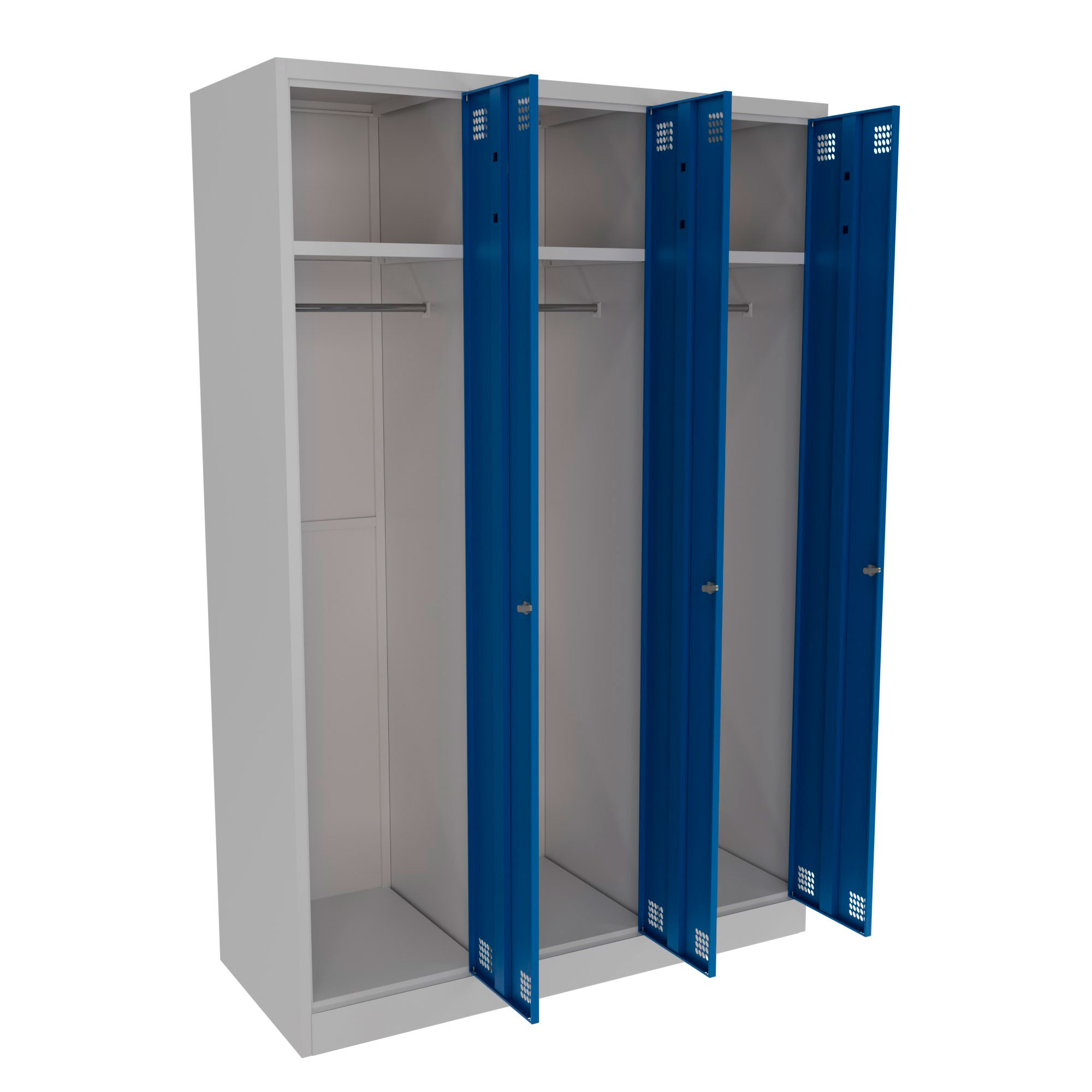 Triple door metal locker with shelves and hanging rails