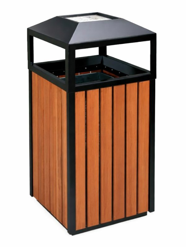 Outdoor metal trash bin with wooden panels and protective roof