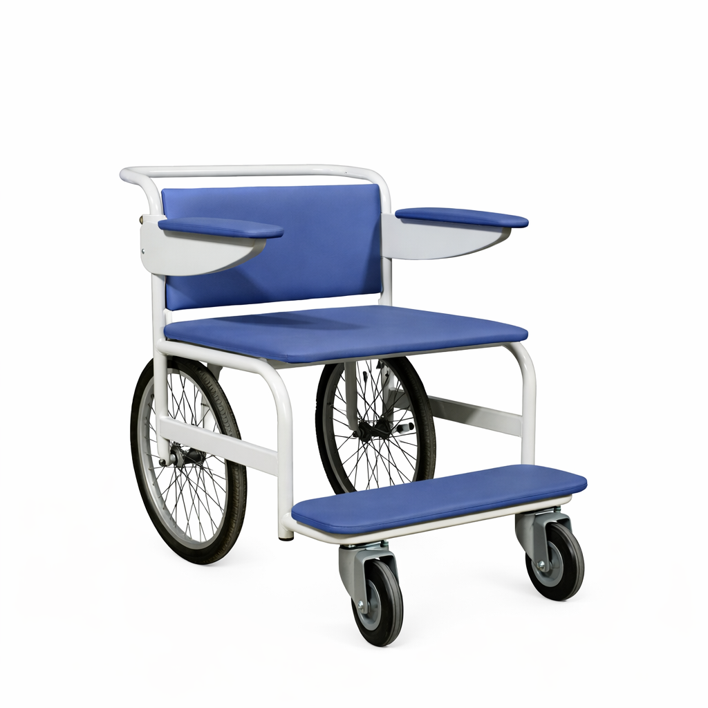 KVK-U reinforced medical transport wheelchair with extended footrest and large rear wheels on white background