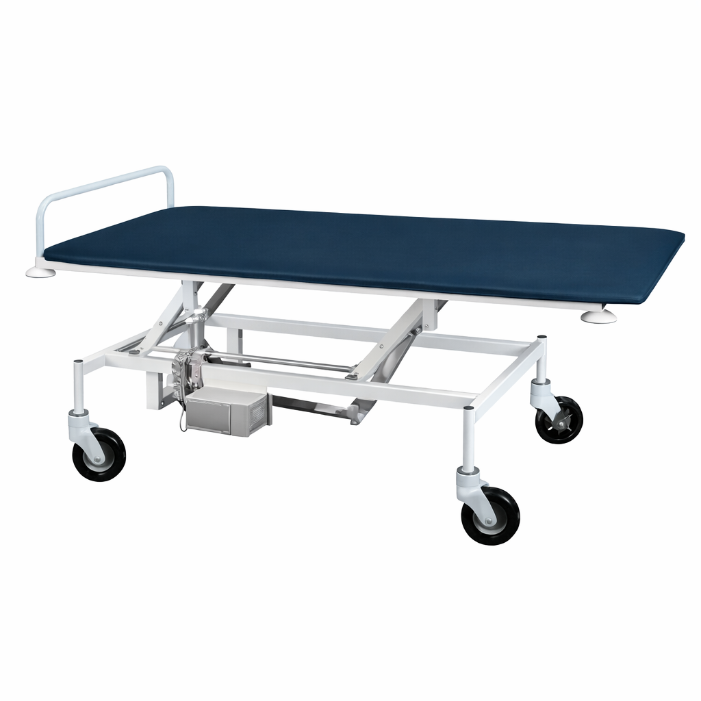 Electric patient transport trolley TPB-E with adjustable height and reinforced wheels, medical hospital transfer bed on white background