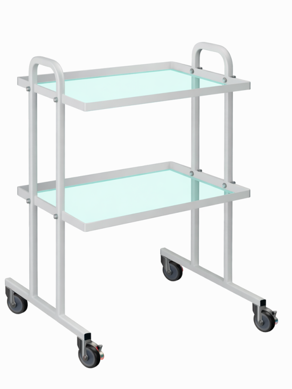 SMS nurse medical table two-tier mobile trolley with glass shelves and caster wheels