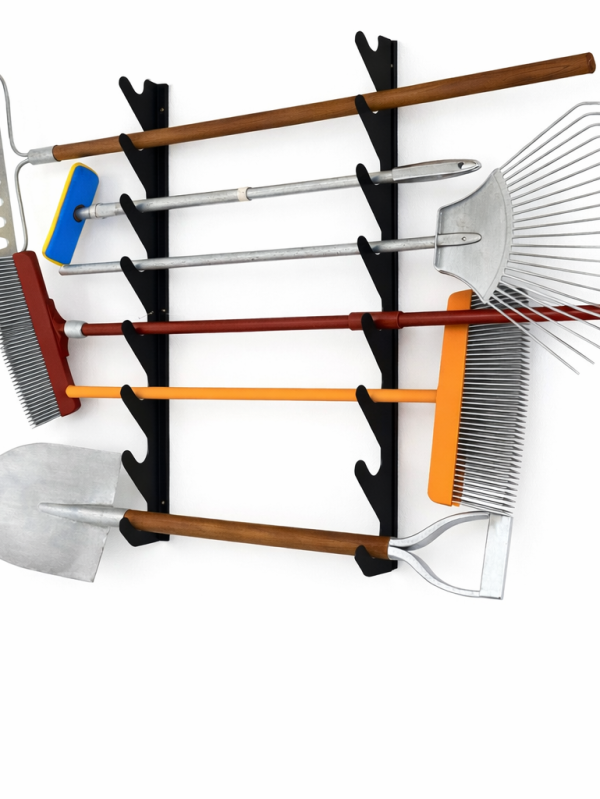 Wall-mounted metal fastener for garden tools with multiple hooks for rakes, shovels, and brooms