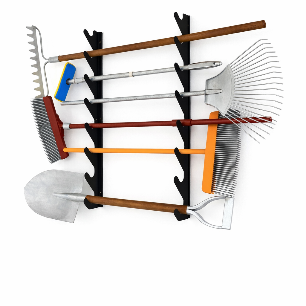 Wall-mounted metal fastener for garden tools with multiple hooks for rakes, shovels, and brooms