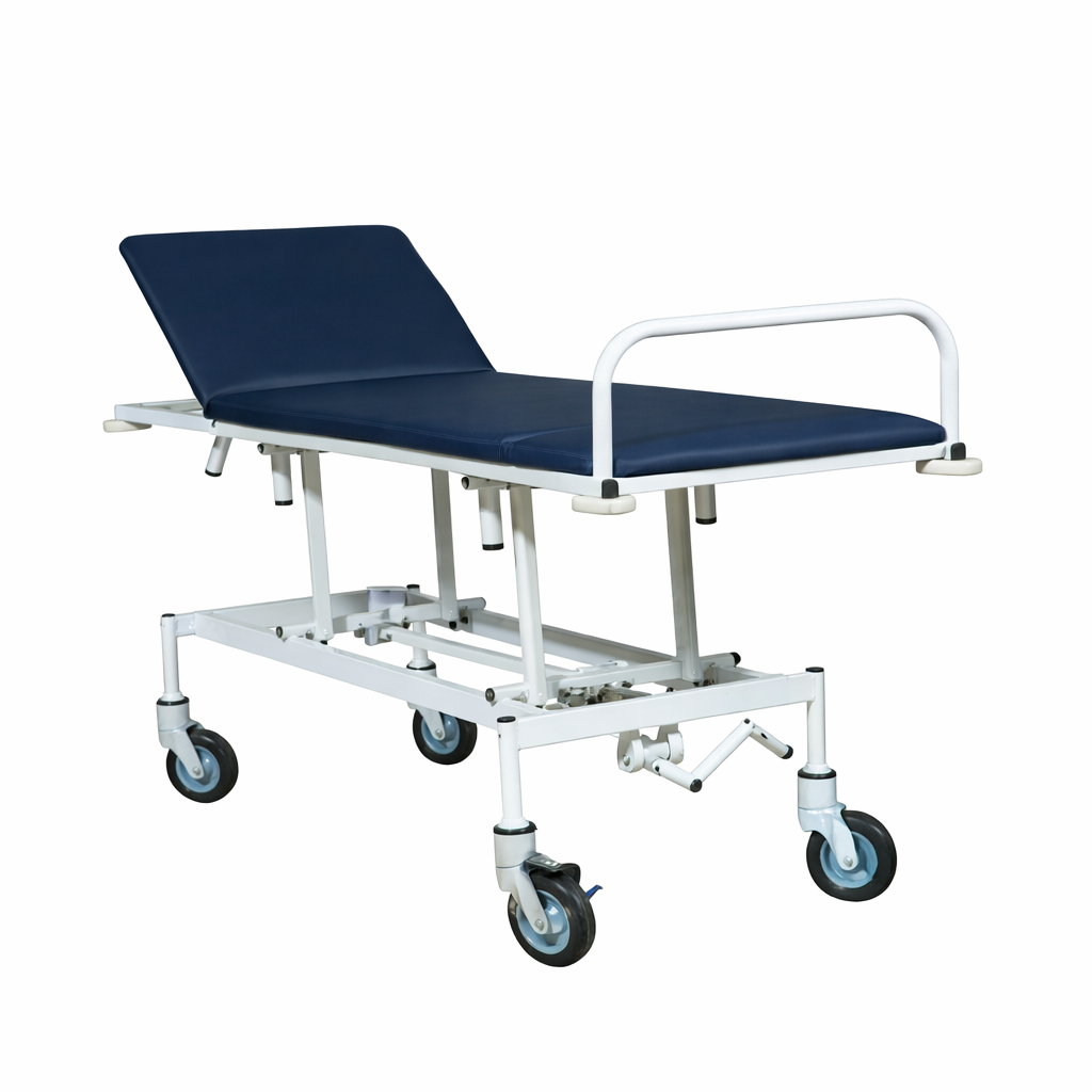 TPBR adjustable medical patient transport trolley with reclining backrest and height regulation on white background