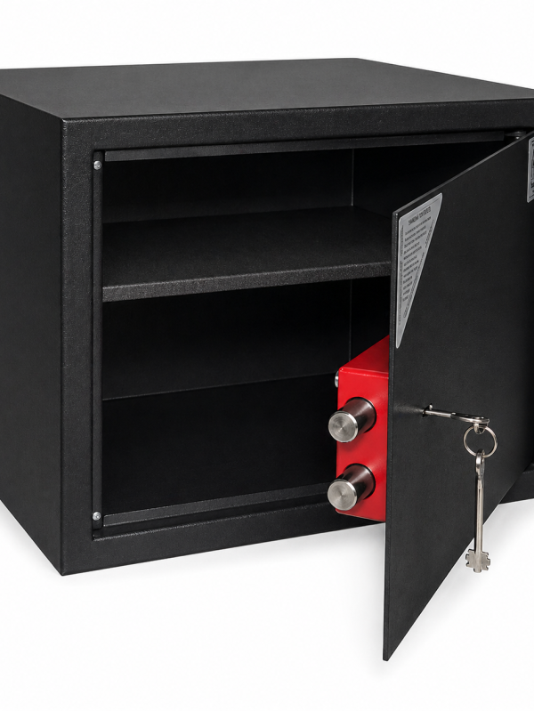heavy duty metal office safe with open door and locking bolts