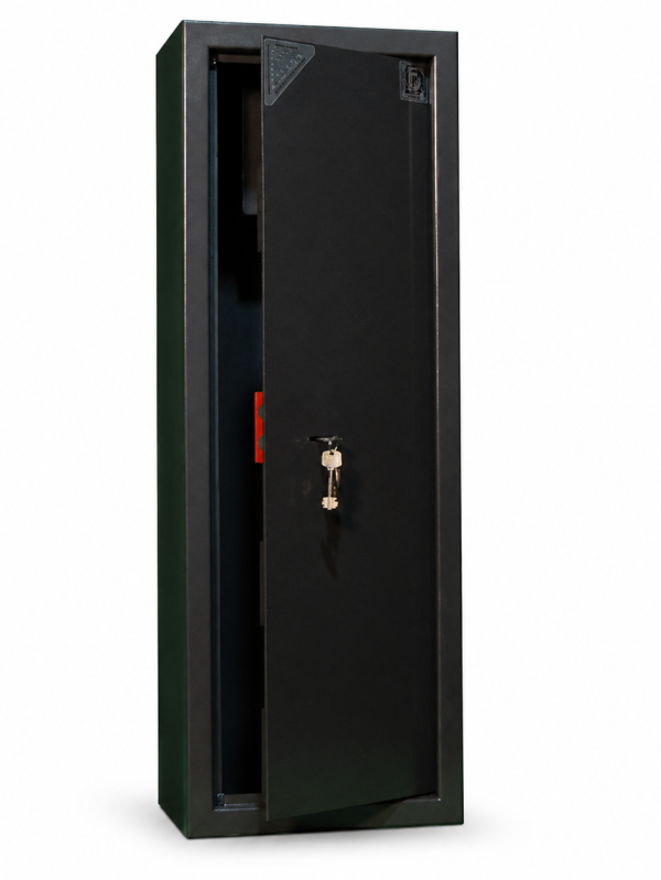 alt="metal gun safe cabinet AV4 for rifle storage with key lock"