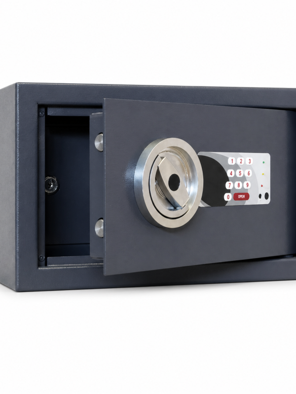 metal safe with inner compartment and key lock open