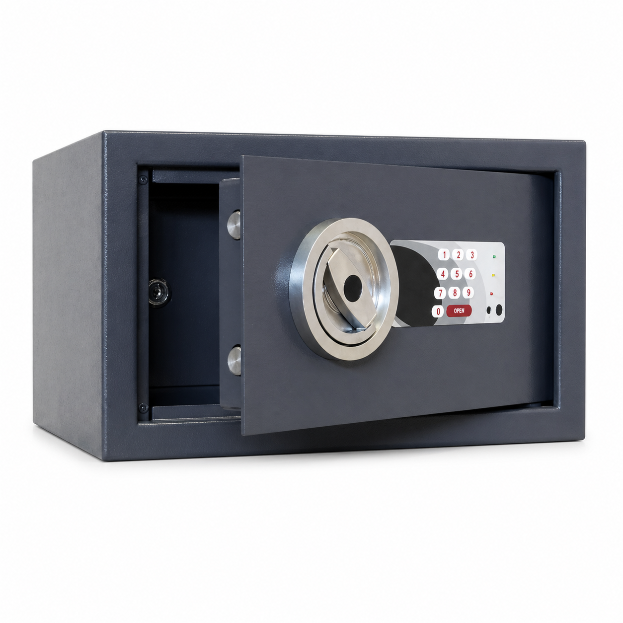 metal safe with inner compartment and key lock open