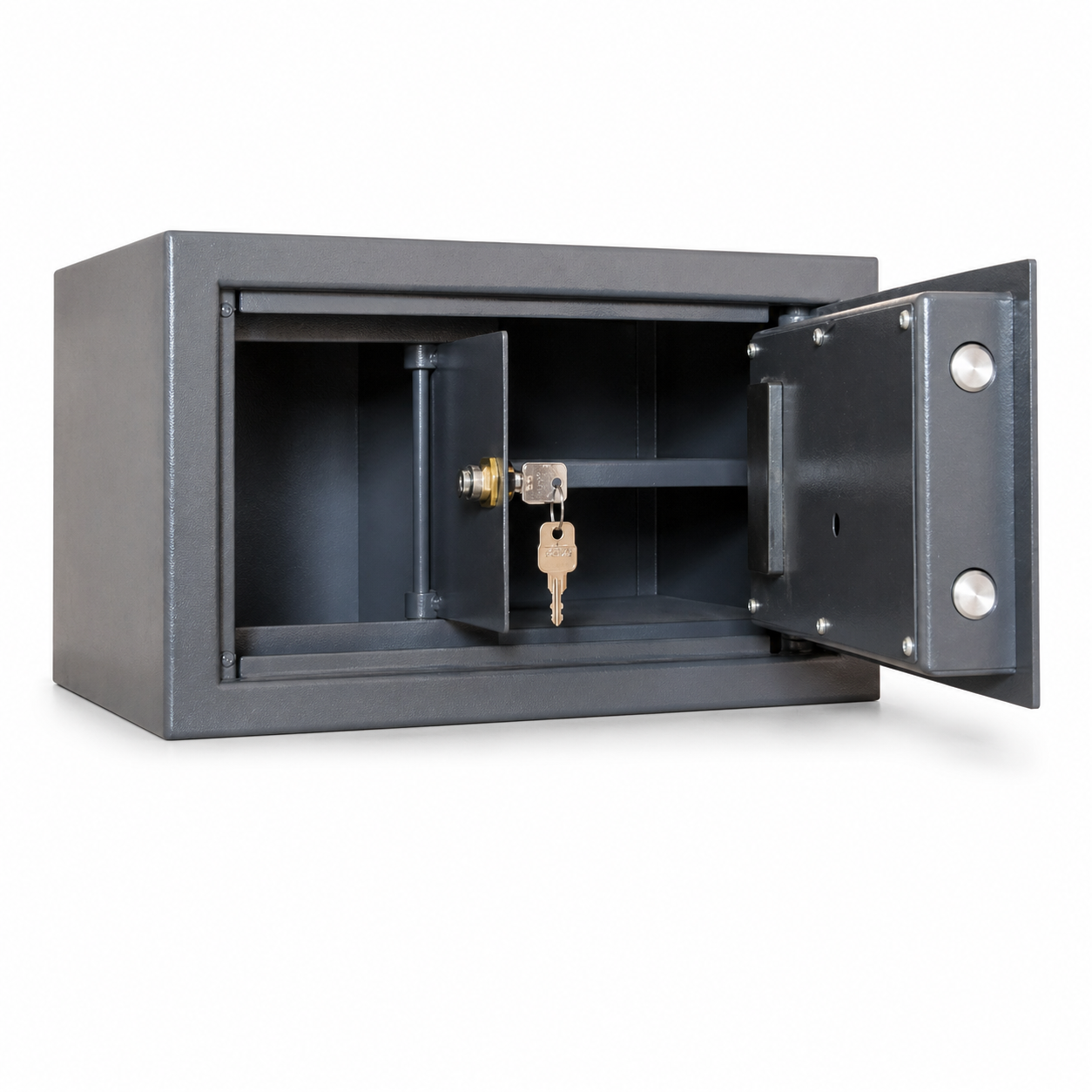 metal safe with inner compartment and key lock open