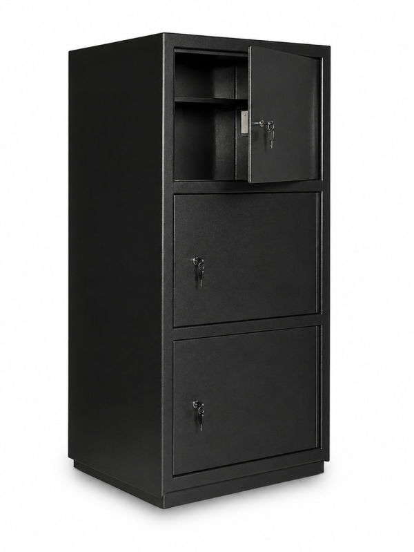 AV4 multi section metal safe cabinet with multiple lockable compartments