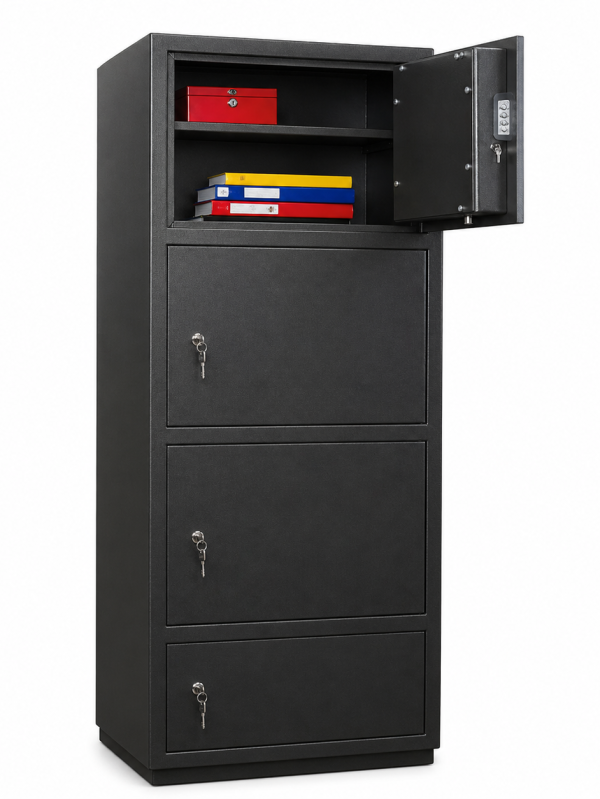 AV4 multi level metal safe cabinet with upper shelf and lockable compartments