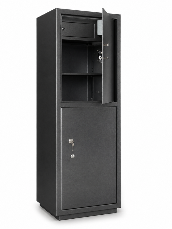 AV4 two section metal safe cabinet with upper shelved safe and lower storage