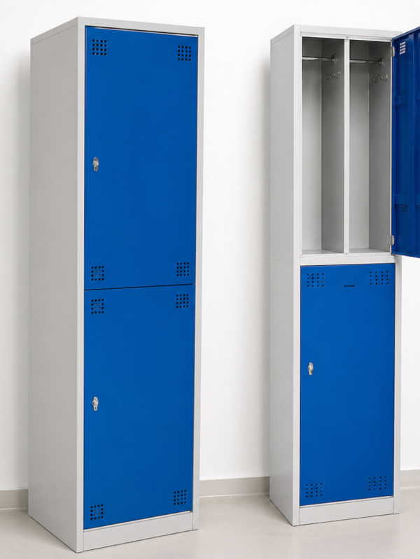 AV4 two section metal locker wardrobe with hanging rail and lower storage compartment